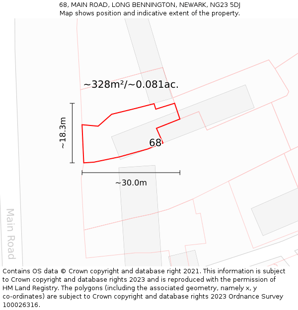 68, MAIN ROAD, LONG BENNINGTON, NEWARK, NG23 5DJ: Plot and title map