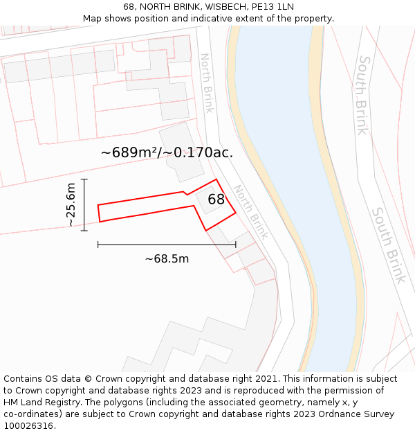 68, NORTH BRINK, WISBECH, PE13 1LN: Plot and title map