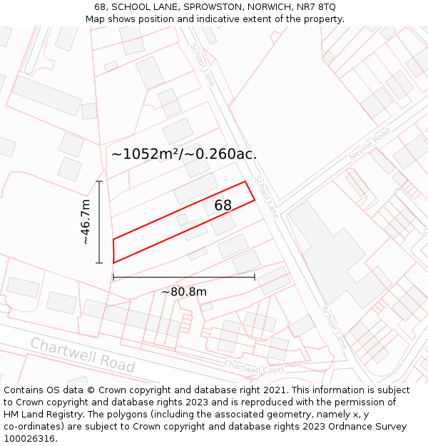 68, SCHOOL LANE, SPROWSTON, NORWICH, NR7 8TQ: Plot and title map