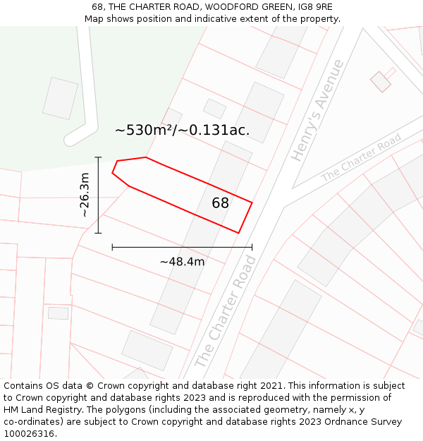 68, THE CHARTER ROAD, WOODFORD GREEN, IG8 9RE: Plot and title map