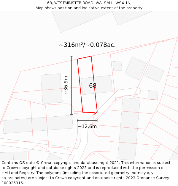 68, WESTMINSTER ROAD, WALSALL, WS4 1NJ: Plot and title map