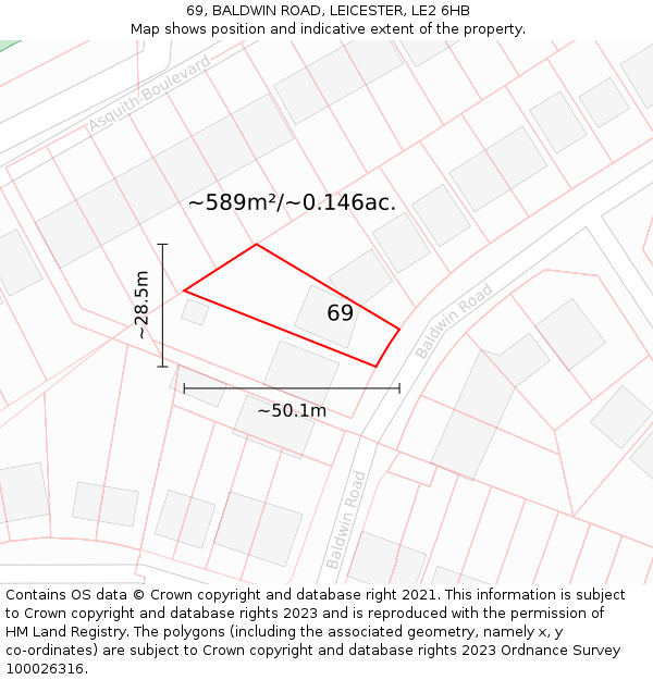 69, BALDWIN ROAD, LEICESTER, LE2 6HB: Plot and title map