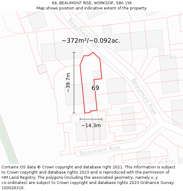 69, BEAUMONT RISE, WORKSOP, S80 1YA: Plot and title map