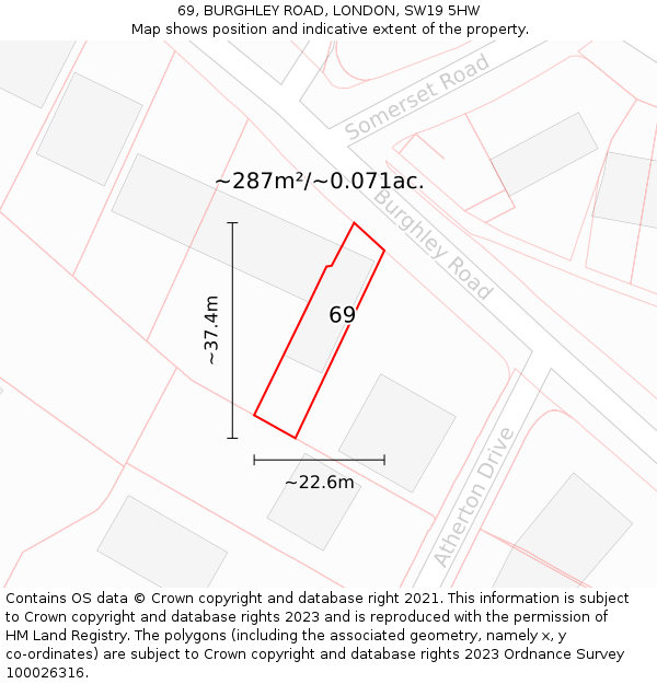 69, BURGHLEY ROAD, LONDON, SW19 5HW: Plot and title map