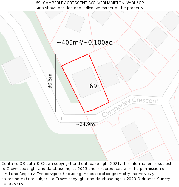 69, CAMBERLEY CRESCENT, WOLVERHAMPTON, WV4 6QP: Plot and title map