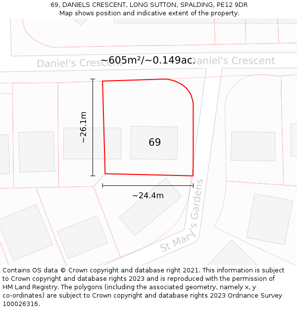 69, DANIELS CRESCENT, LONG SUTTON, SPALDING, PE12 9DR: Plot and title map