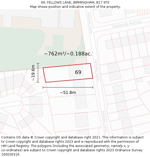 69, FELLOWS LANE, BIRMINGHAM, B17 9TX: Plot and title map