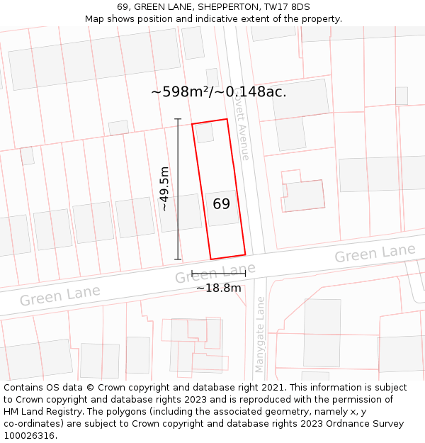 69, GREEN LANE, SHEPPERTON, TW17 8DS: Plot and title map