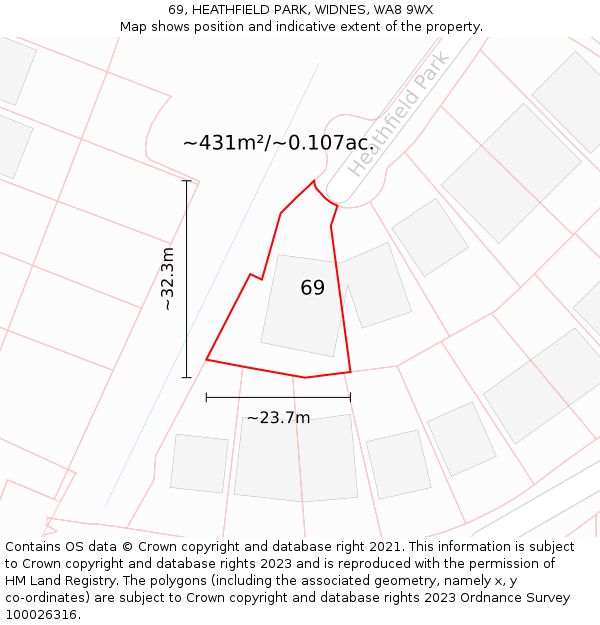 69, HEATHFIELD PARK, WIDNES, WA8 9WX: Plot and title map