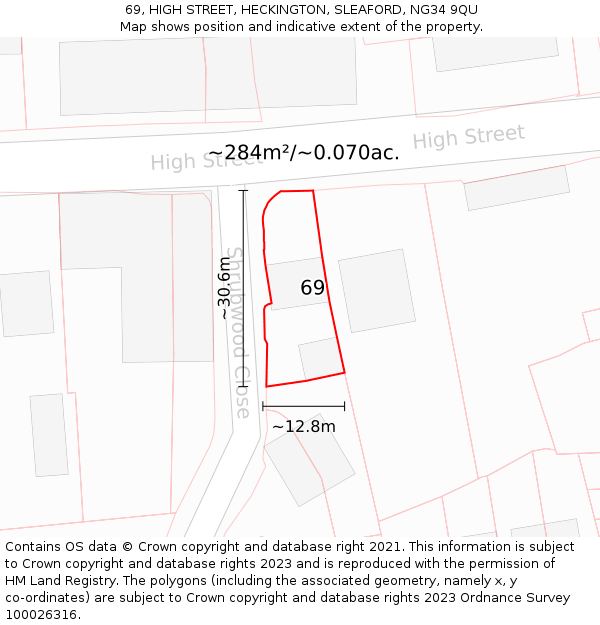 69, HIGH STREET, HECKINGTON, SLEAFORD, NG34 9QU: Plot and title map