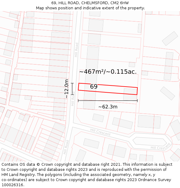 69, HILL ROAD, CHELMSFORD, CM2 6HW: Plot and title map