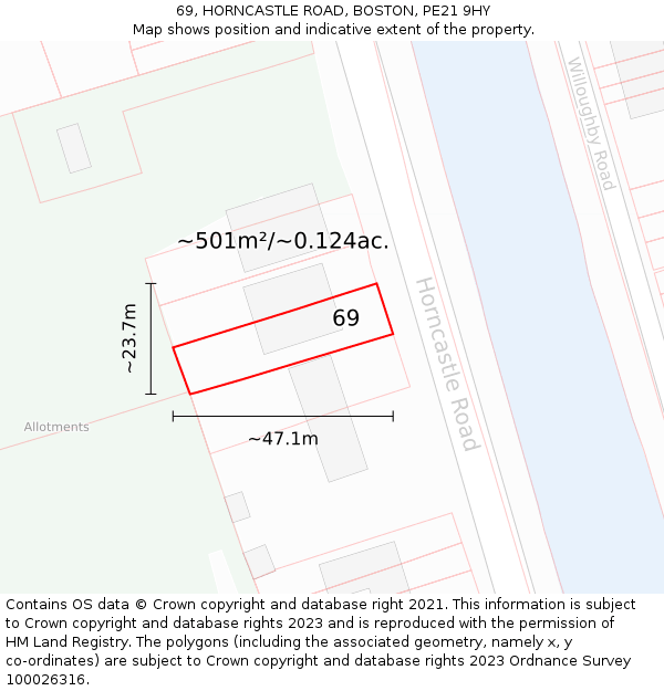 69, HORNCASTLE ROAD, BOSTON, PE21 9HY: Plot and title map