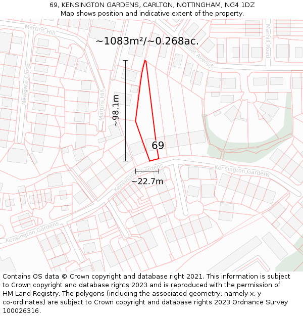 69, KENSINGTON GARDENS, CARLTON, NOTTINGHAM, NG4 1DZ: Plot and title map