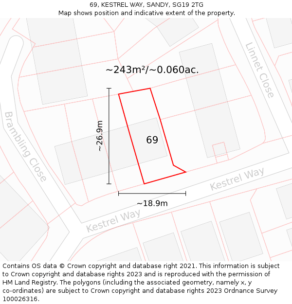 69, KESTREL WAY, SANDY, SG19 2TG: Plot and title map