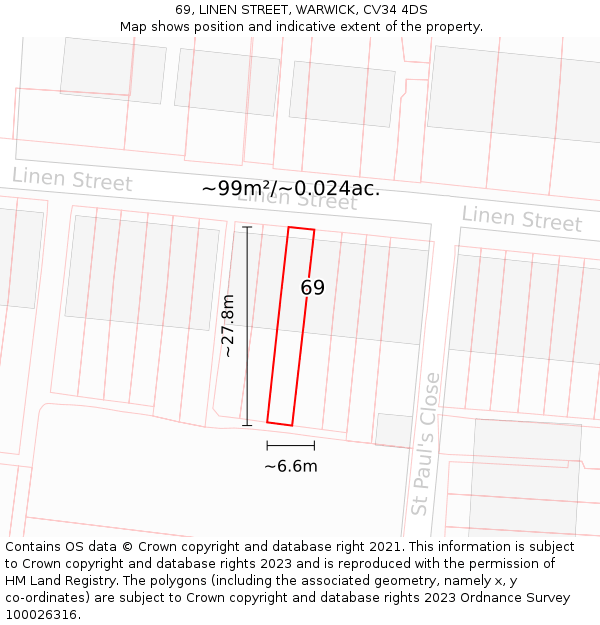 69, LINEN STREET, WARWICK, CV34 4DS: Plot and title map