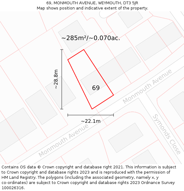 69, MONMOUTH AVENUE, WEYMOUTH, DT3 5JR: Plot and title map