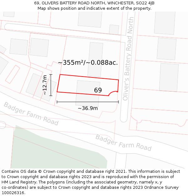 69, OLIVERS BATTERY ROAD NORTH, WINCHESTER, SO22 4JB: Plot and title map