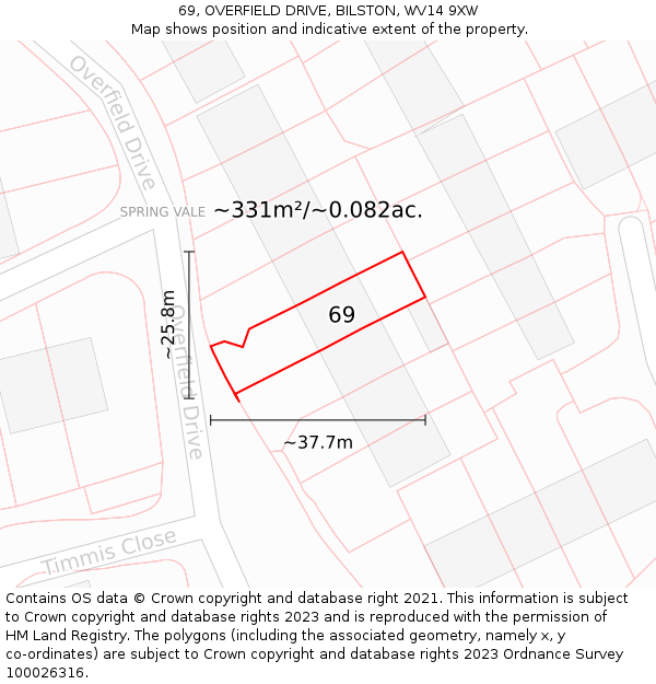 69, OVERFIELD DRIVE, BILSTON, WV14 9XW: Plot and title map