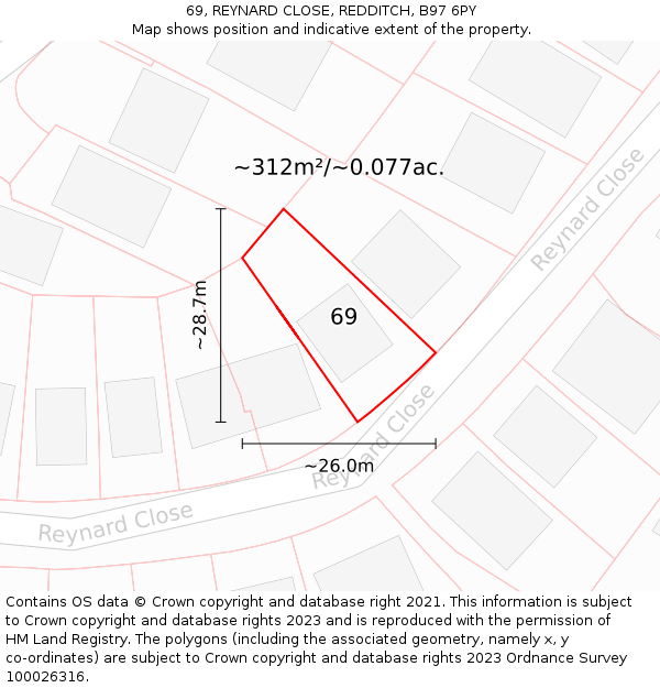 69, REYNARD CLOSE, REDDITCH, B97 6PY: Plot and title map