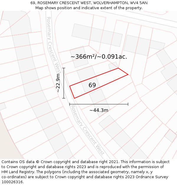 69, ROSEMARY CRESCENT WEST, WOLVERHAMPTON, WV4 5AN: Plot and title map