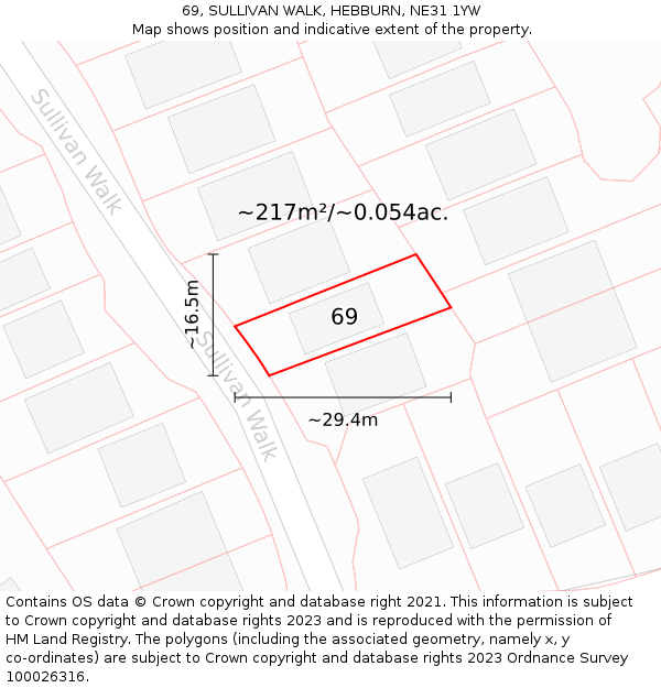 69, SULLIVAN WALK, HEBBURN, NE31 1YW: Plot and title map