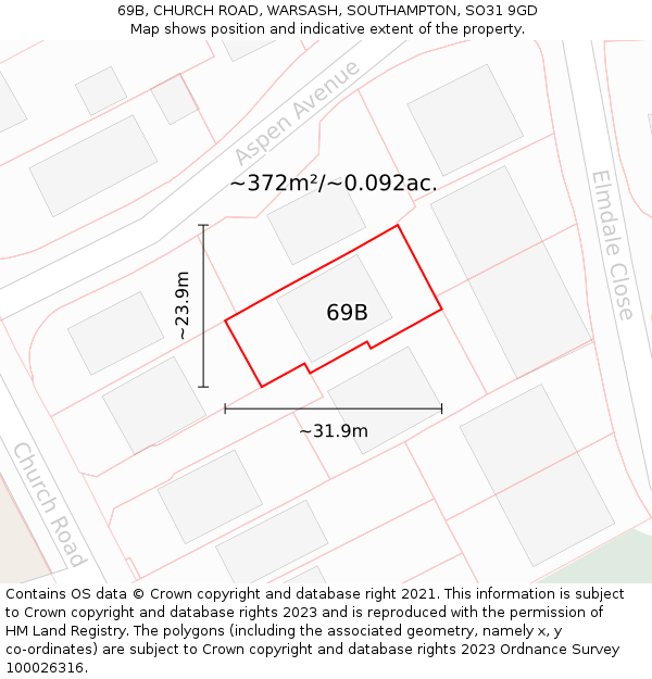 69B, CHURCH ROAD, WARSASH, SOUTHAMPTON, SO31 9GD: Plot and title map