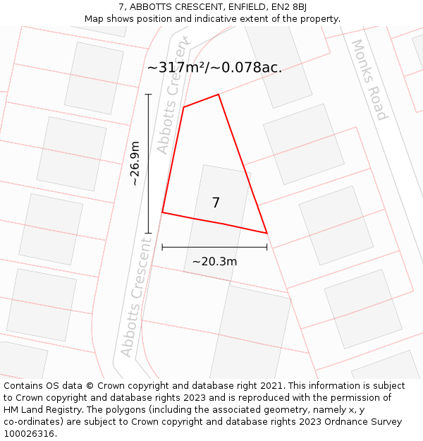 7, ABBOTTS CRESCENT, ENFIELD, EN2 8BJ: Plot and title map