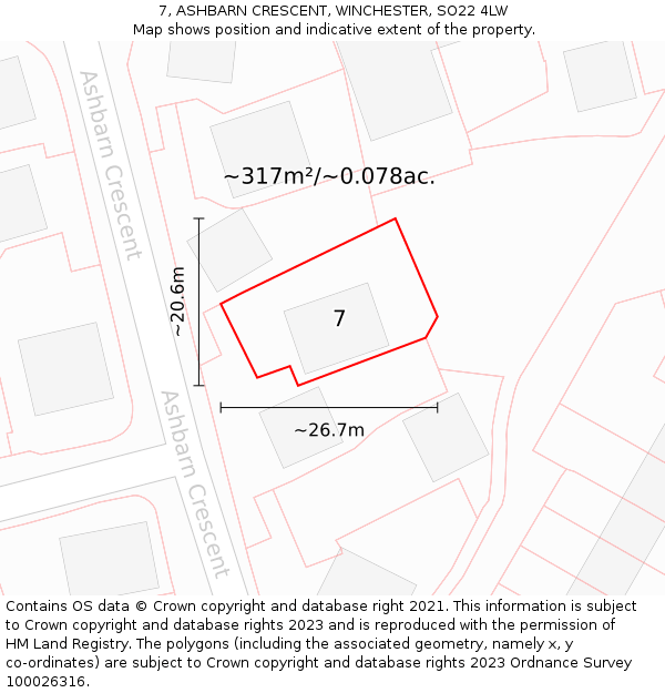 7, ASHBARN CRESCENT, WINCHESTER, SO22 4LW: Plot and title map