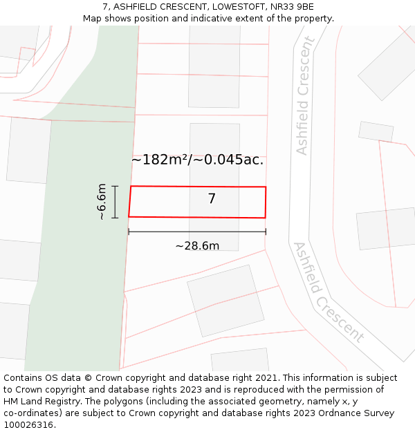 7, ASHFIELD CRESCENT, LOWESTOFT, NR33 9BE: Plot and title map