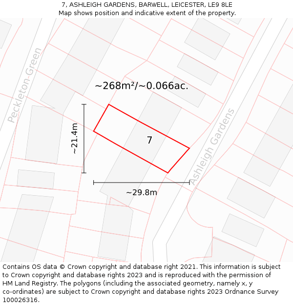 7, ASHLEIGH GARDENS, BARWELL, LEICESTER, LE9 8LE: Plot and title map