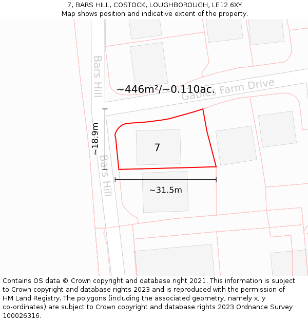 7, BARS HILL, COSTOCK, LOUGHBOROUGH, LE12 6XY: Plot and title map