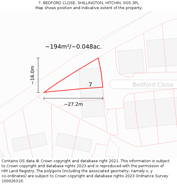 7, BEDFORD CLOSE, SHILLINGTON, HITCHIN, SG5 3PL: Plot and title map