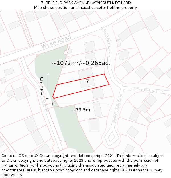 7, BELFIELD PARK AVENUE, WEYMOUTH, DT4 9RD: Plot and title map