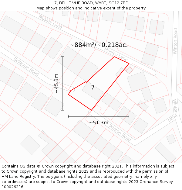 7, BELLE VUE ROAD, WARE, SG12 7BD: Plot and title map