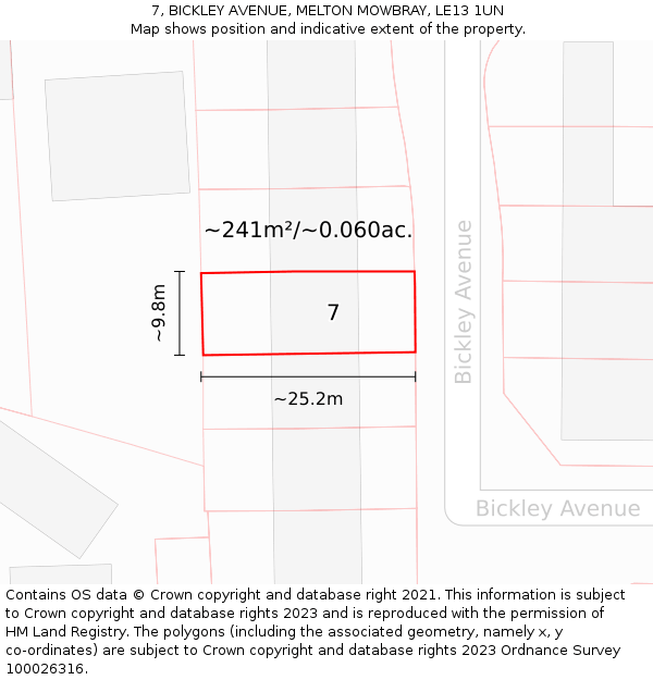 7, BICKLEY AVENUE, MELTON MOWBRAY, LE13 1UN: Plot and title map