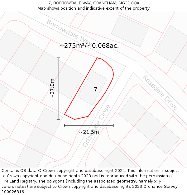 7, BORROWDALE WAY, GRANTHAM, NG31 8QX: Plot and title map