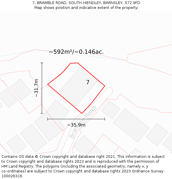 7, BRAMBLE ROAD, SOUTH HIENDLEY, BARNSLEY, S72 9FD: Plot and title map