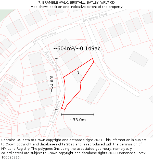 7, BRAMBLE WALK, BIRSTALL, BATLEY, WF17 0DJ: Plot and title map