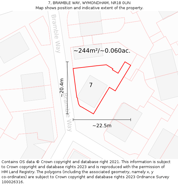 7, BRAMBLE WAY, WYMONDHAM, NR18 0UN: Plot and title map