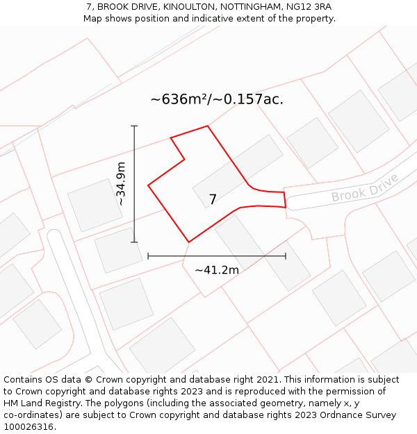 7, BROOK DRIVE, KINOULTON, NOTTINGHAM, NG12 3RA: Plot and title map