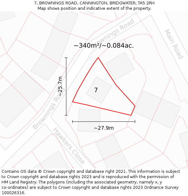 7, BROWNINGS ROAD, CANNINGTON, BRIDGWATER, TA5 2RH: Plot and title map