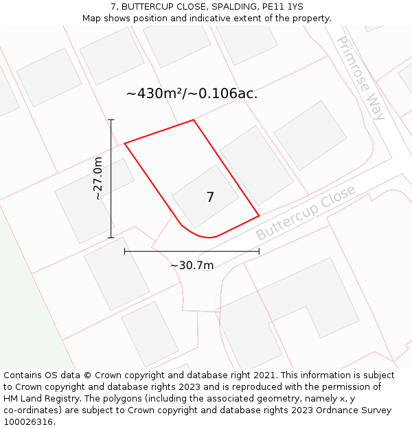 7, BUTTERCUP CLOSE, SPALDING, PE11 1YS: Plot and title map