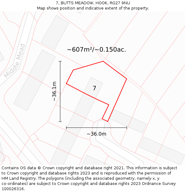 7, BUTTS MEADOW, HOOK, RG27 9NU: Plot and title map