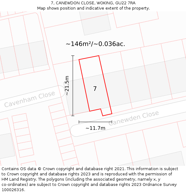 7, CANEWDON CLOSE, WOKING, GU22 7RA: Plot and title map