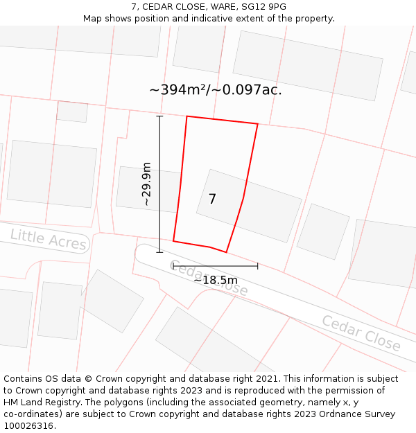 7, CEDAR CLOSE, WARE, SG12 9PG: Plot and title map