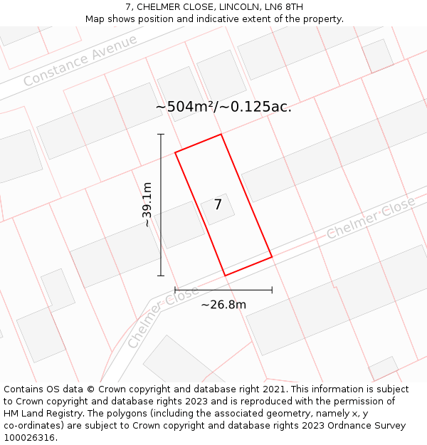 7, CHELMER CLOSE, LINCOLN, LN6 8TH: Plot and title map