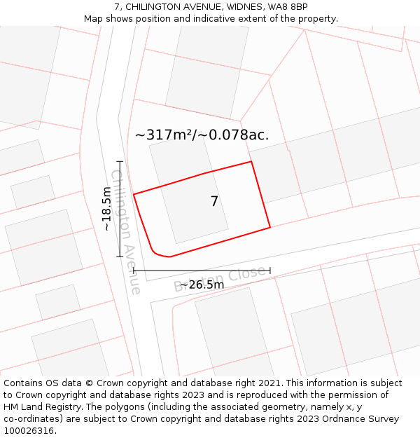 7, CHILINGTON AVENUE, WIDNES, WA8 8BP: Plot and title map