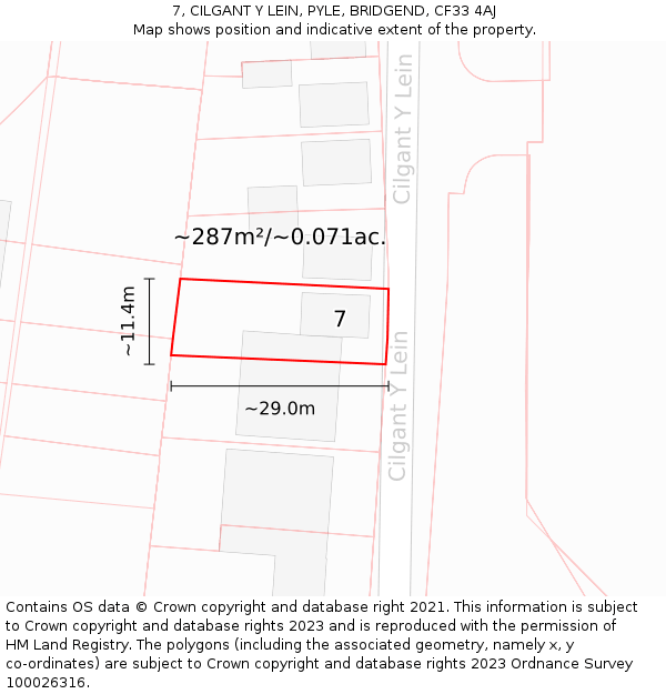 7, CILGANT Y LEIN, PYLE, BRIDGEND, CF33 4AJ: Plot and title map