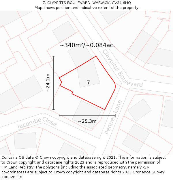 7, CLAYPITTS BOULEVARD, WARWICK, CV34 6HQ: Plot and title map