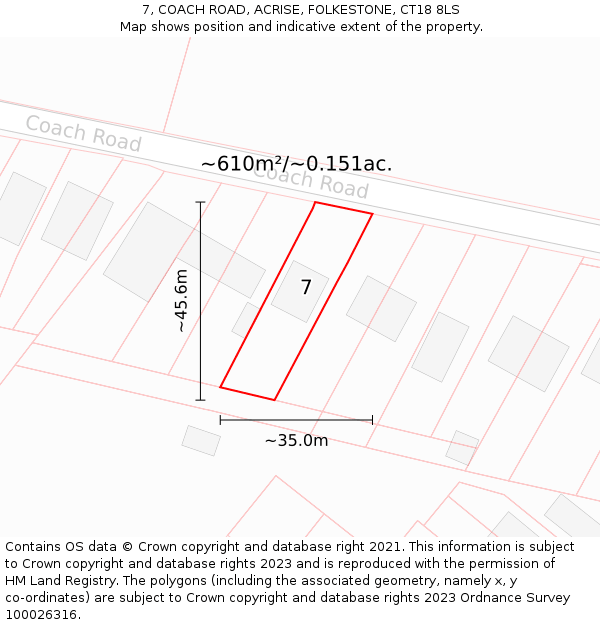 7, COACH ROAD, ACRISE, FOLKESTONE, CT18 8LS: Plot and title map